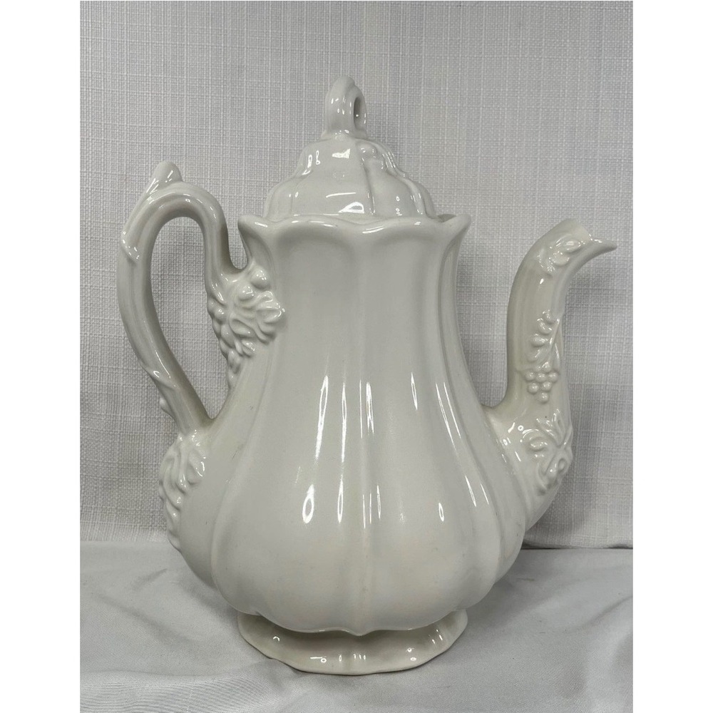 Red Cliff Ironstone White Grape Leaf Embossed Teapot with Lid Vintage 9 inch